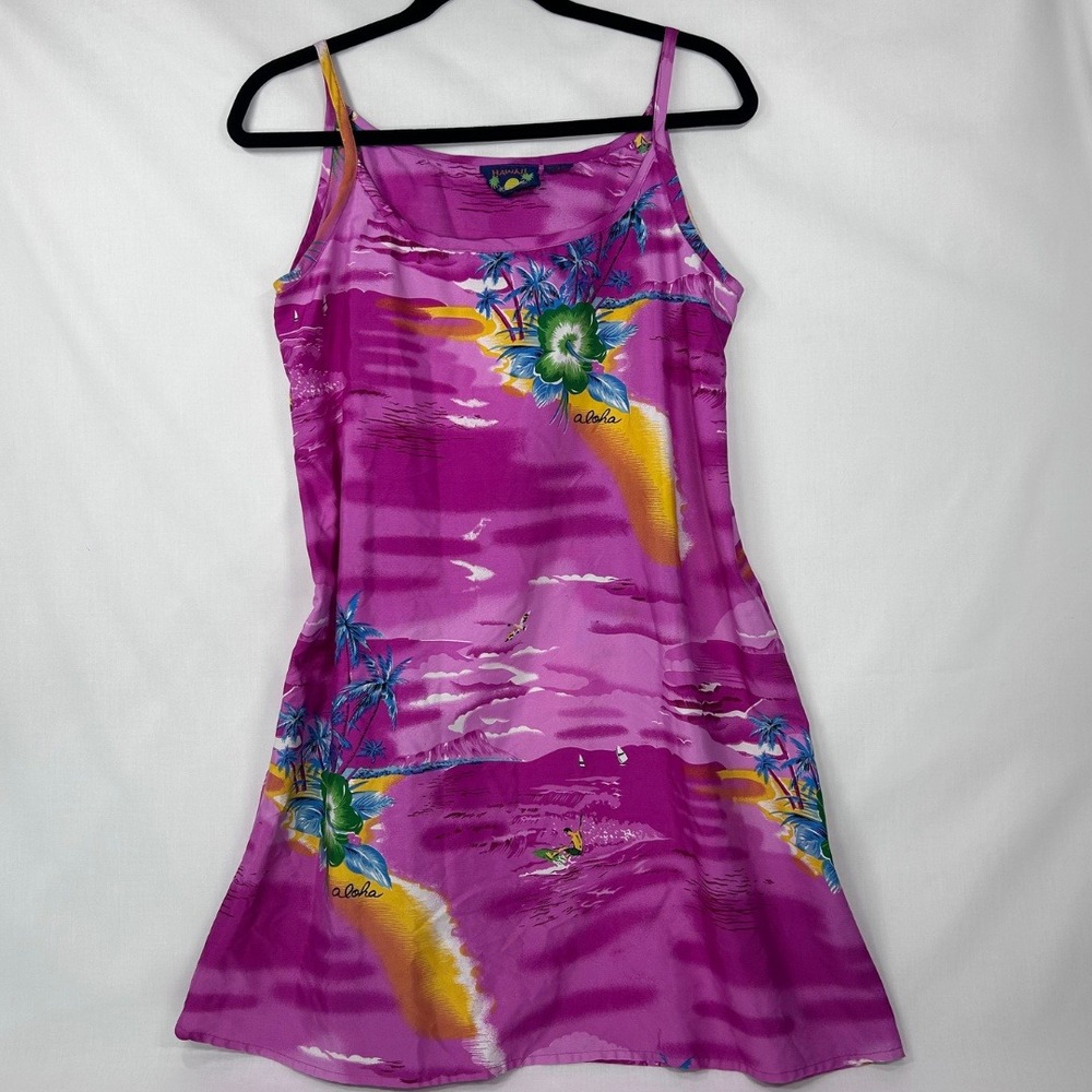 Vintage Hawaii Pink Tropical Scenic Slip Dress – Aloha Palm Tree Mini Dress (L)